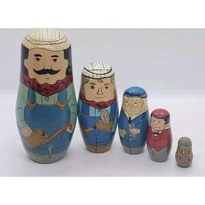 Rare Russian nesting doll set hand painted Business men workers trade Mechanic
